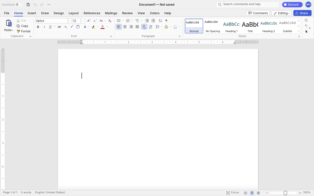 WordCraft: documento vuoto con barra multifunzione e stili